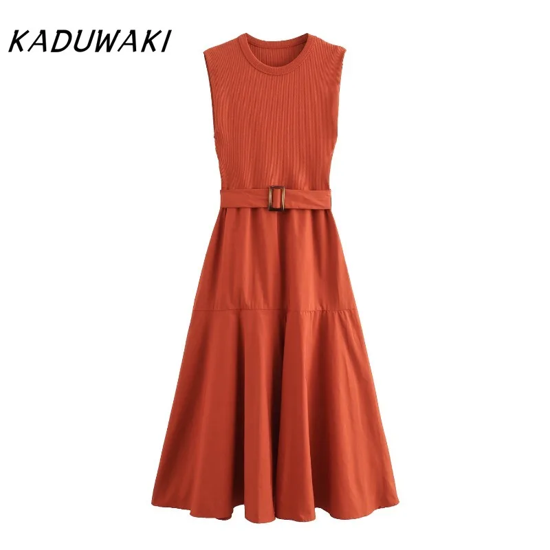 KADUWAKI Franse vintage ronde hals mouwloos gebreid gewaad chic klassiek patchwork met riem geplooid maxi vestidos de tricô femenino