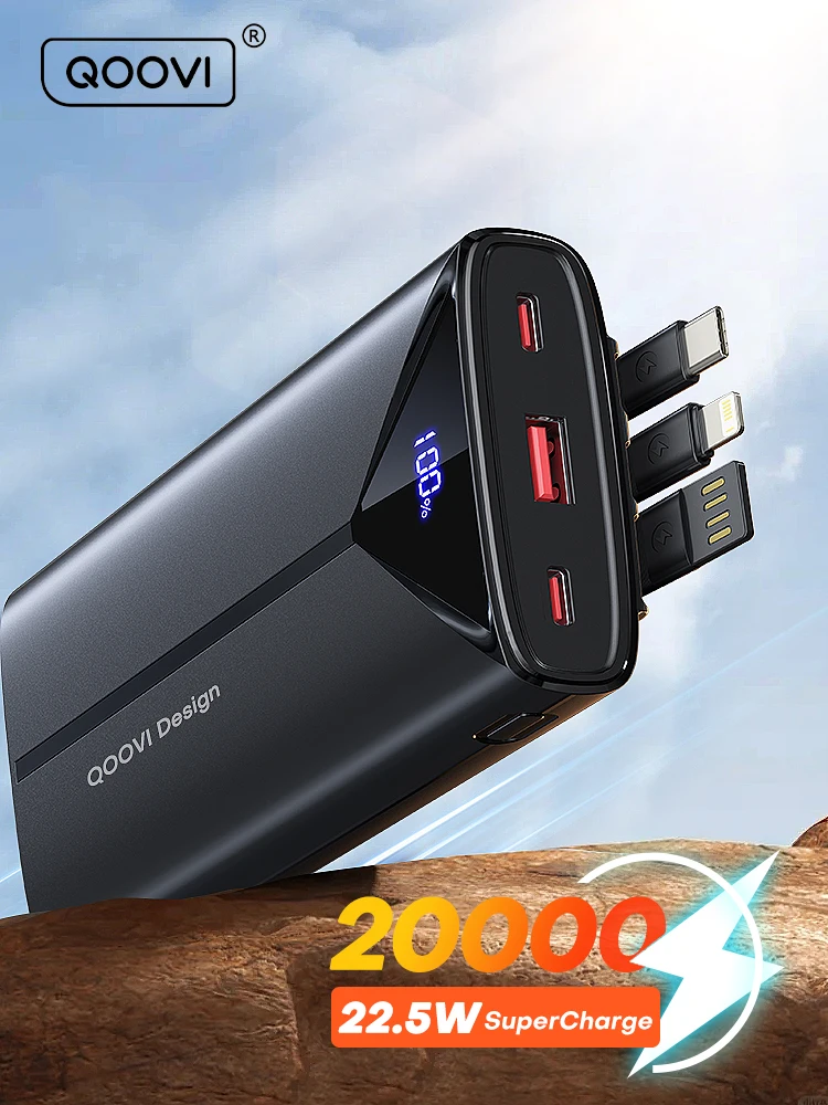 QOOVI 20000mah Power Bank 22.5W Szybkie ładowanie Wbudowany kabel Zewnętrzna duża bateria Przenośna ładowarka do iPhone Samsung Xiaomi — zdjęcie produktu 7