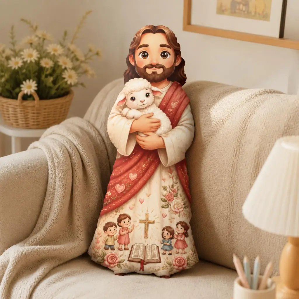 Jesus Good Shepherd Shaped Pillow Christian Faith Plush Cushion with Lamb Religious Throw Pillow Spiritual Home Decor Gift