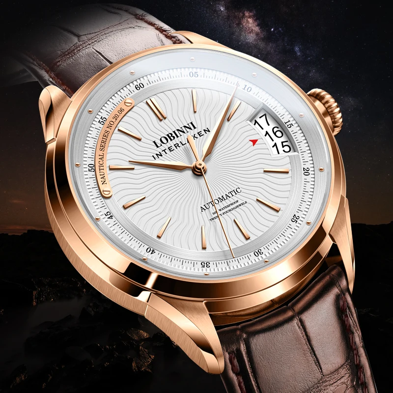 LOBINNI Luxury 43.5mm  Leather Automatic Watch Men Stainless Steel Sapphire Glass Wristwatch Mechanical