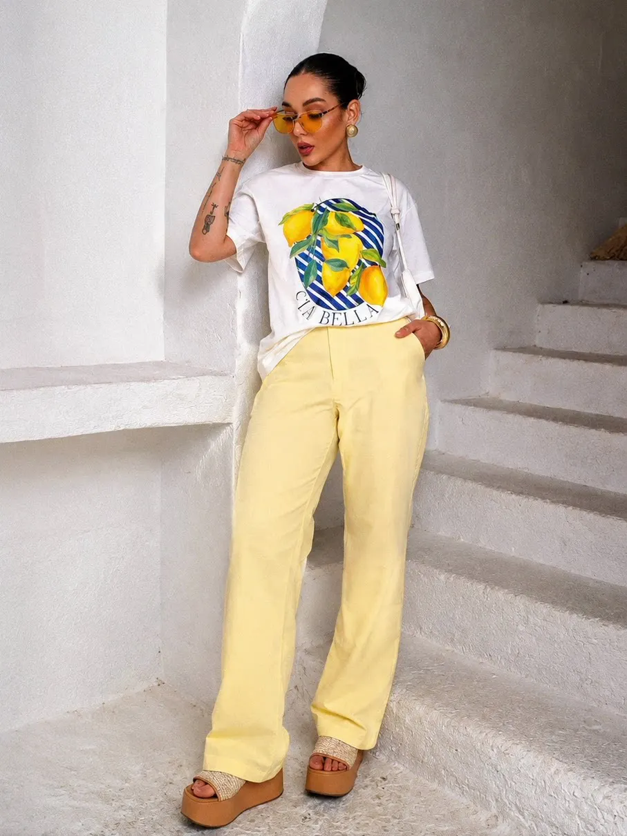Retro Italian Lemon Graphic Cotton T Shirt Women Blue Striped Frame Print Crew Neck Loose Short Sleeve Amalfi Coast Casual Tee