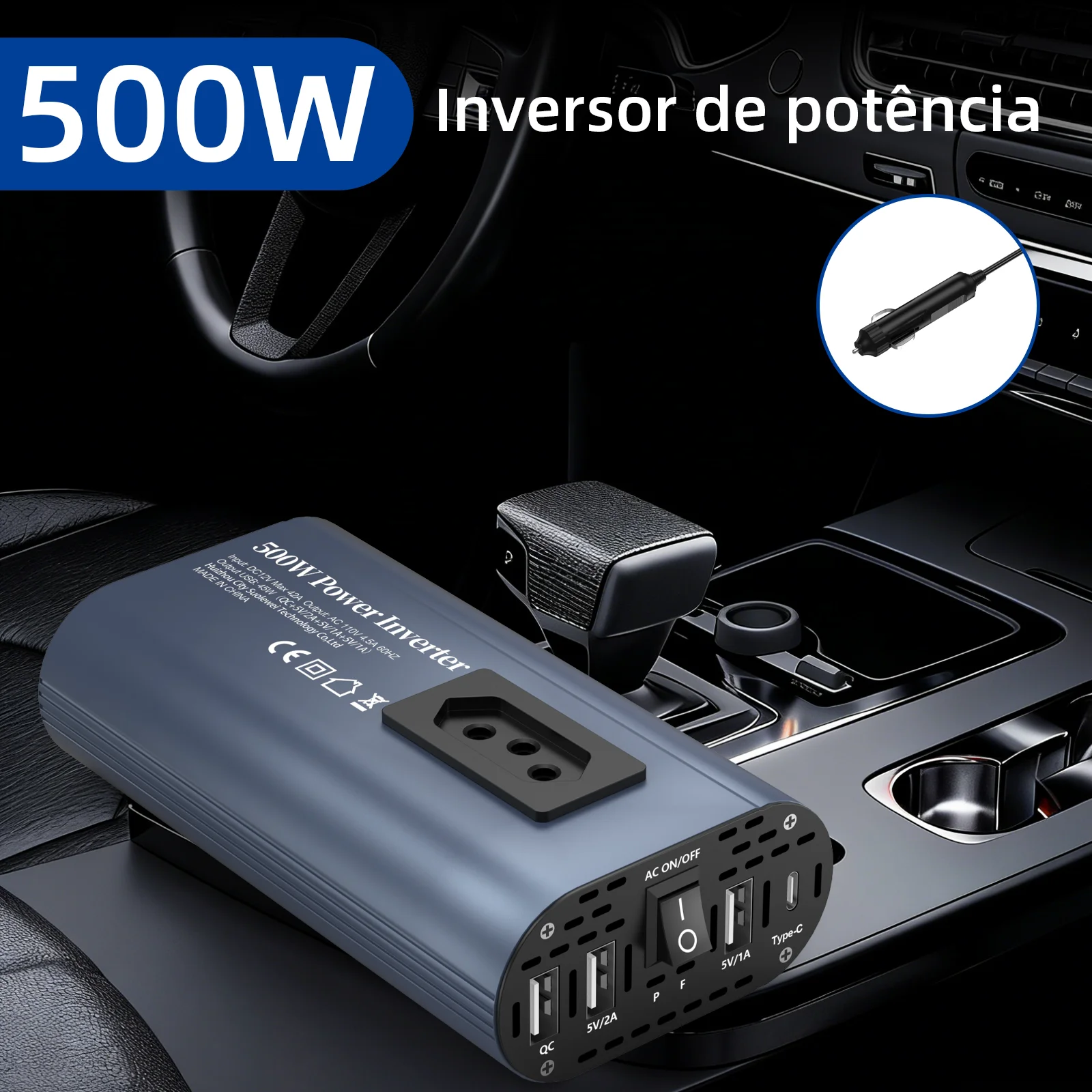 Inversor de Energia 12V para 110V 220V 300W 500W com Tomada Brasileira, para Carregar Celular, Tablet, Ventilador USB, Ventilador Térmico + USB Duplo