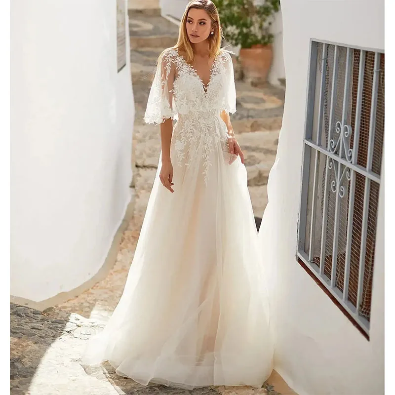 

Elegant A-Line Wedding Dress V-neck Lace Appliques Backless Princess Sweep Train Women Bride Bridal Gowns Vestidos De Novia 2024