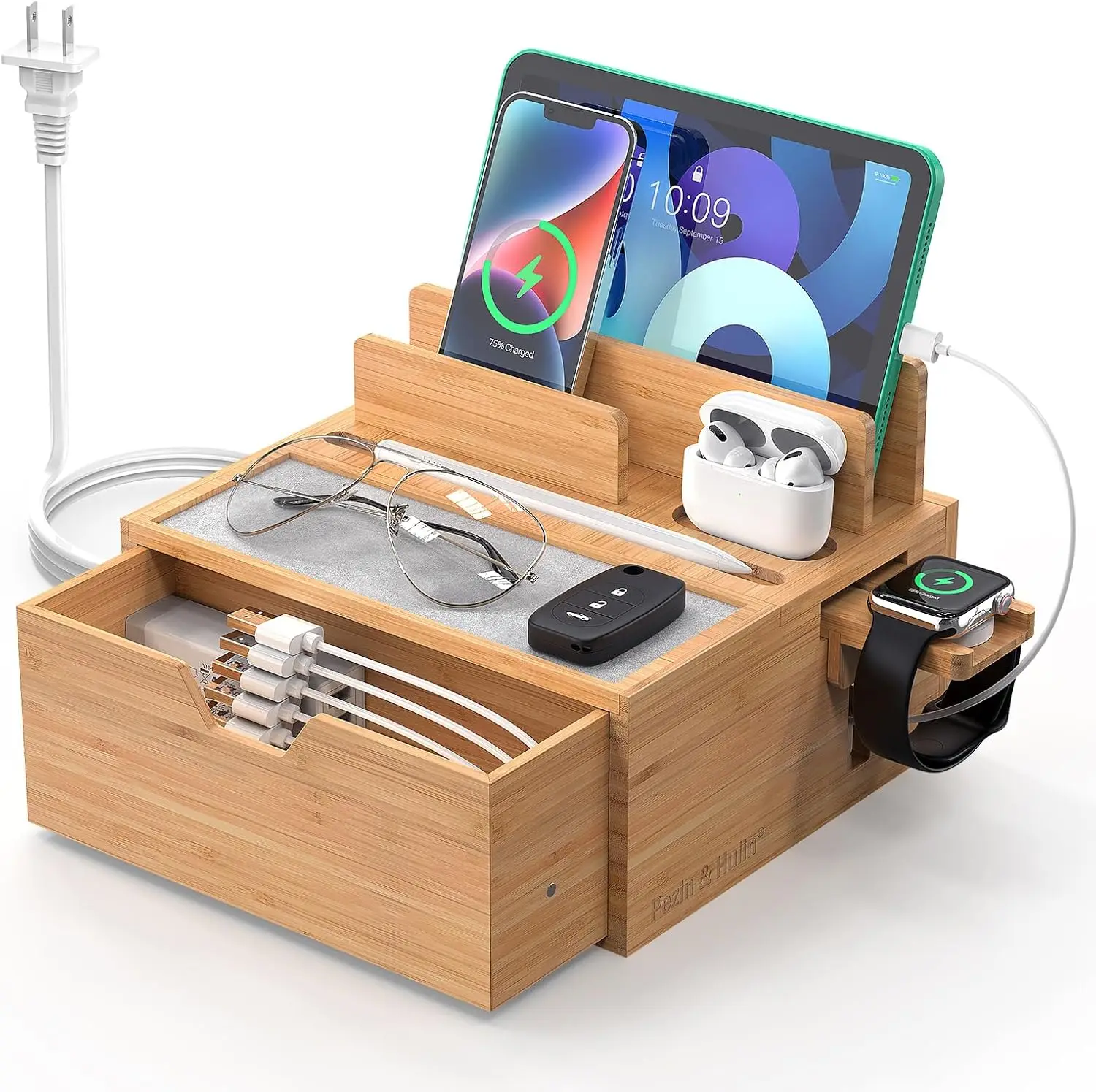 

Multi-Device Bamboo Charging Station with Power Charger, Cables, Tray & Drawer for Tablets and Phones