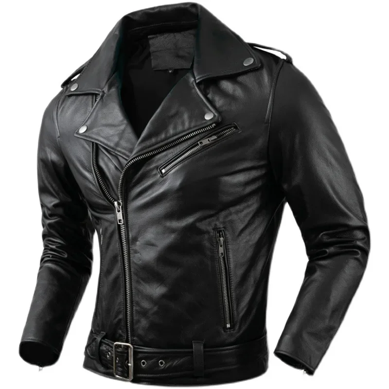 

Cowhide Genuine Leather Motorcycle Coat Jacket Men Lapel Jackets Clothing Real 2024 New