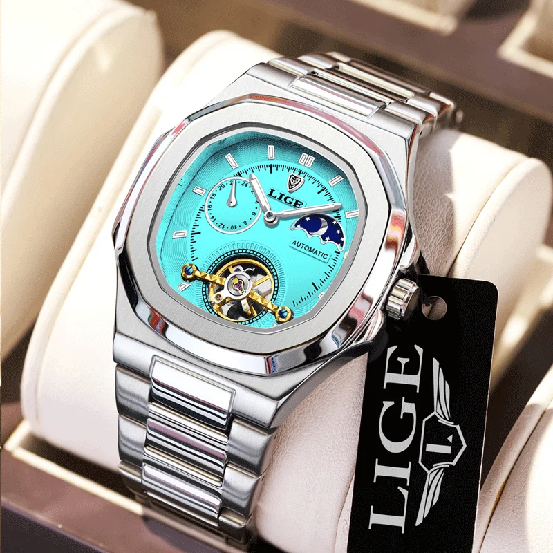 LIGE Top Brand Orologi da uomo di lusso Orologio automatico quadrato da uomo Orologio tourbillon Orologio meccanico impermeabile Fasi lunari 24 ore