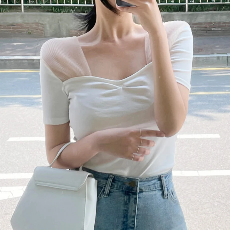 Chic Summer Slim Fit ort Sve T-irt Women's Square Collar Me Splice Design Top Korean Sle Commute Faion