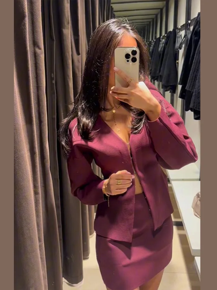 Elegante donna solido monopetto sottile minigonna abiti moda scollo a V maniche lunghe cappotto Hip avvolto gonne Chic Lady Outfits