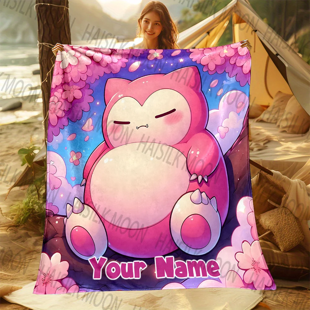 (Memo U Name) 6 Sizes Pokemon Snorlax Printed Blanket Can Be Custom with Name Soft and Warm Suitable for Home Office Camping Car