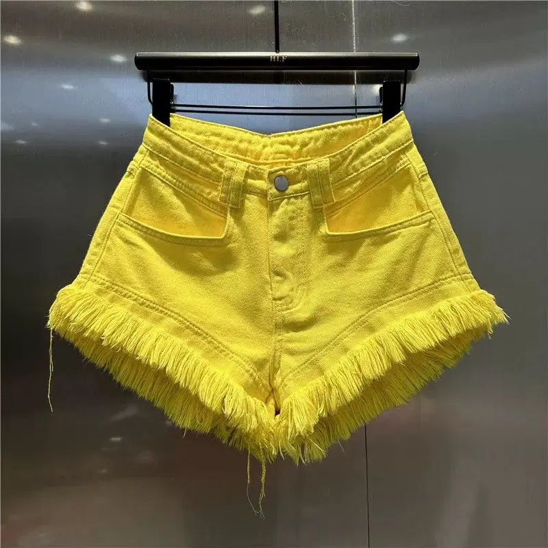 2025 Summer New Women's High Waisted Slimming Tassel Edge Denim Shorts Hot Pants Yellow