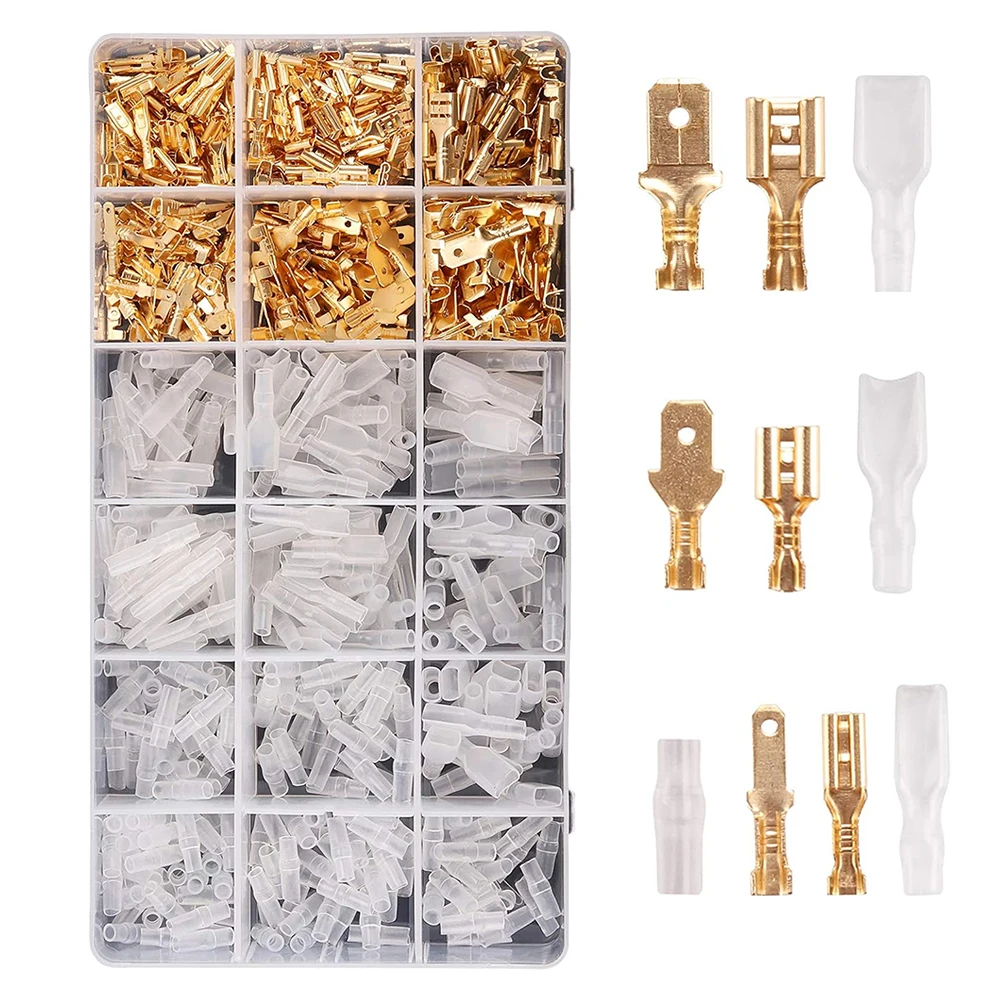 600PCS 2.8/4.8/6.3mm Wire Spade Connector Male and Female Quick Splice Wire Crimp Terminal Block with Insulating Sleeve Kit