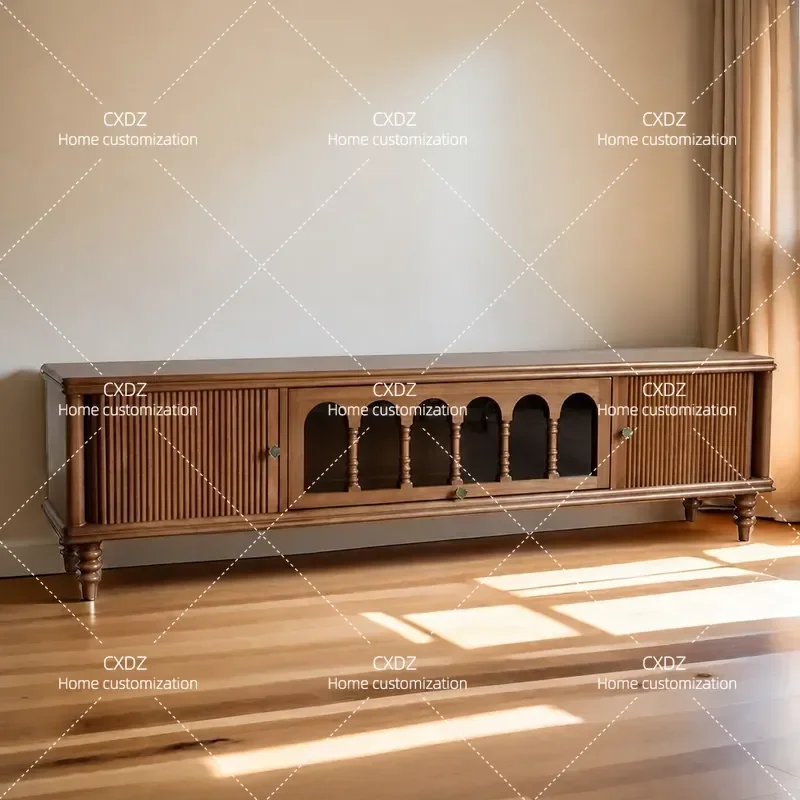 French retro solid wood TV cabinet American living room small apartment floor storage audio-visual locker antique combination