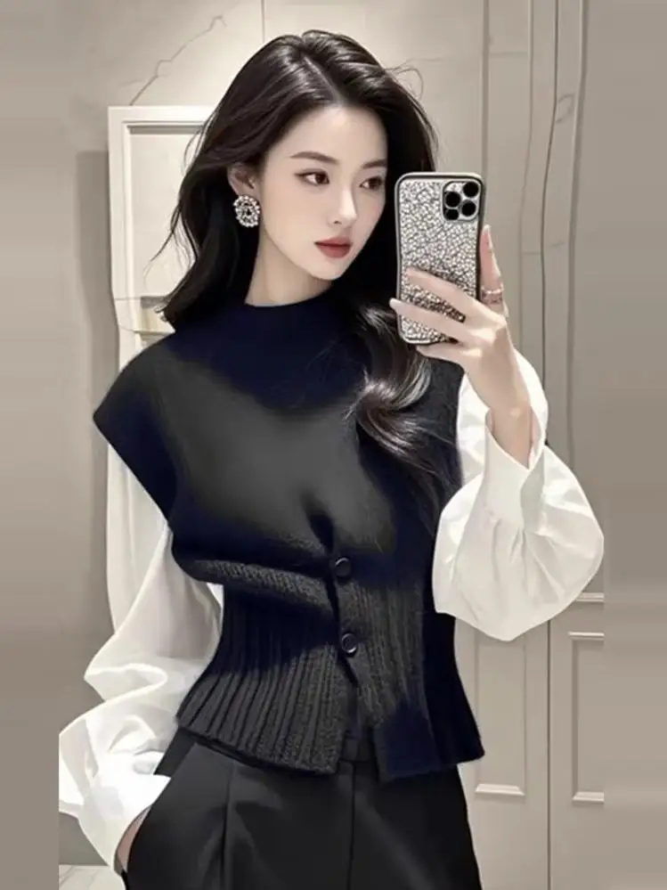 Ele tricoté gilet irt ensemble femmes Faion superposition deux pièces laine mélange rond Ne trajet Sle couleur Pure printemps 2025