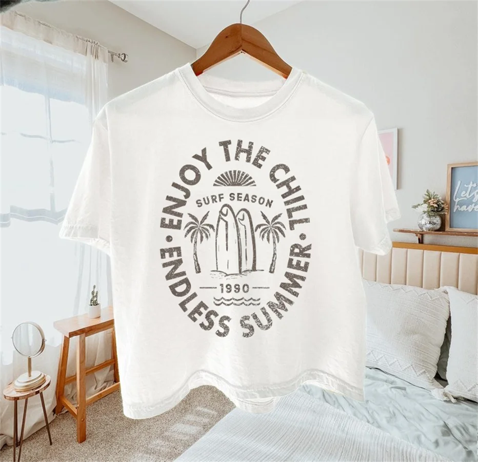 Endless Summer Surfing Printed Pattern O-Neck Summer Women's New Top T-Shirt Women's Vacation Beach Leisure Versatile T-Shirt