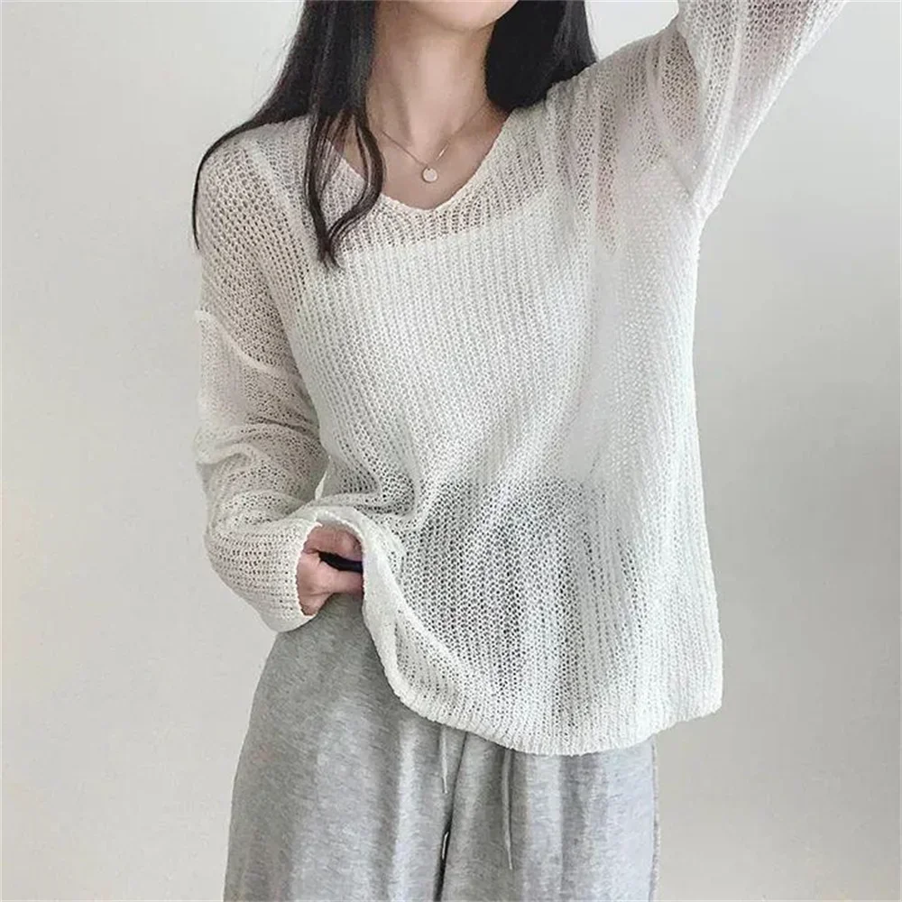 Summer V-neck Thin Knitted Tops Long Sleeve Sweater Women Clothes Korean Fashion Loose Casual Ladies Jumper 2024 Spring Autumn