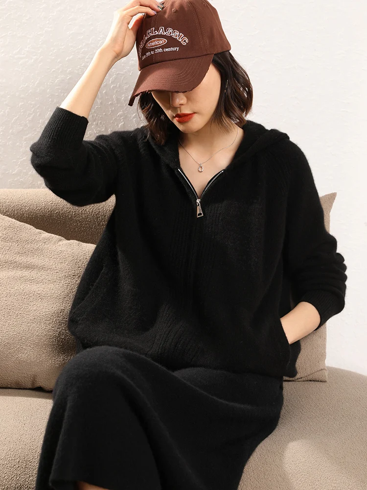 High Quality 100% Cashmere Thick Cardigan Women Autumn Winter Sweater Comfort Zippers Casual Knitted Hoodie Korean Fashion Tops