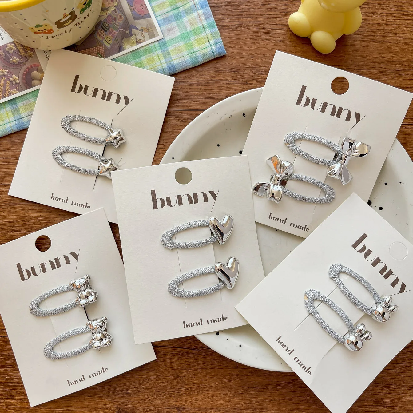 4PCS New silver series bright silk bow love children's BB clip simple and high-end versatile girl bangs clip hair accessory