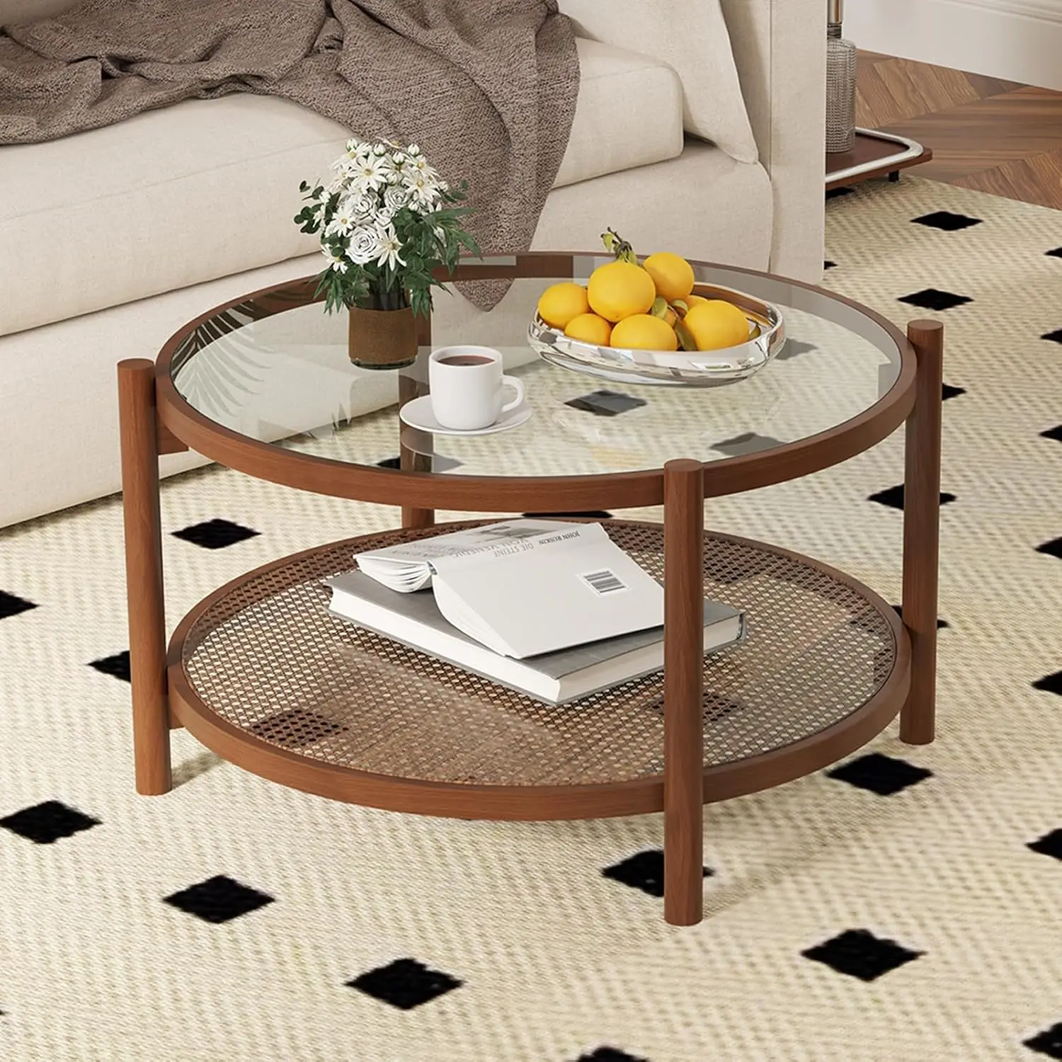 طاولة قهوة الروطان، طاولة مركزية زجاجية بوهو مع إطار من الخشب الصلب، سطح من الزجاج المقسى، رف تخزين الروطان PE، ريفي، خشب #1