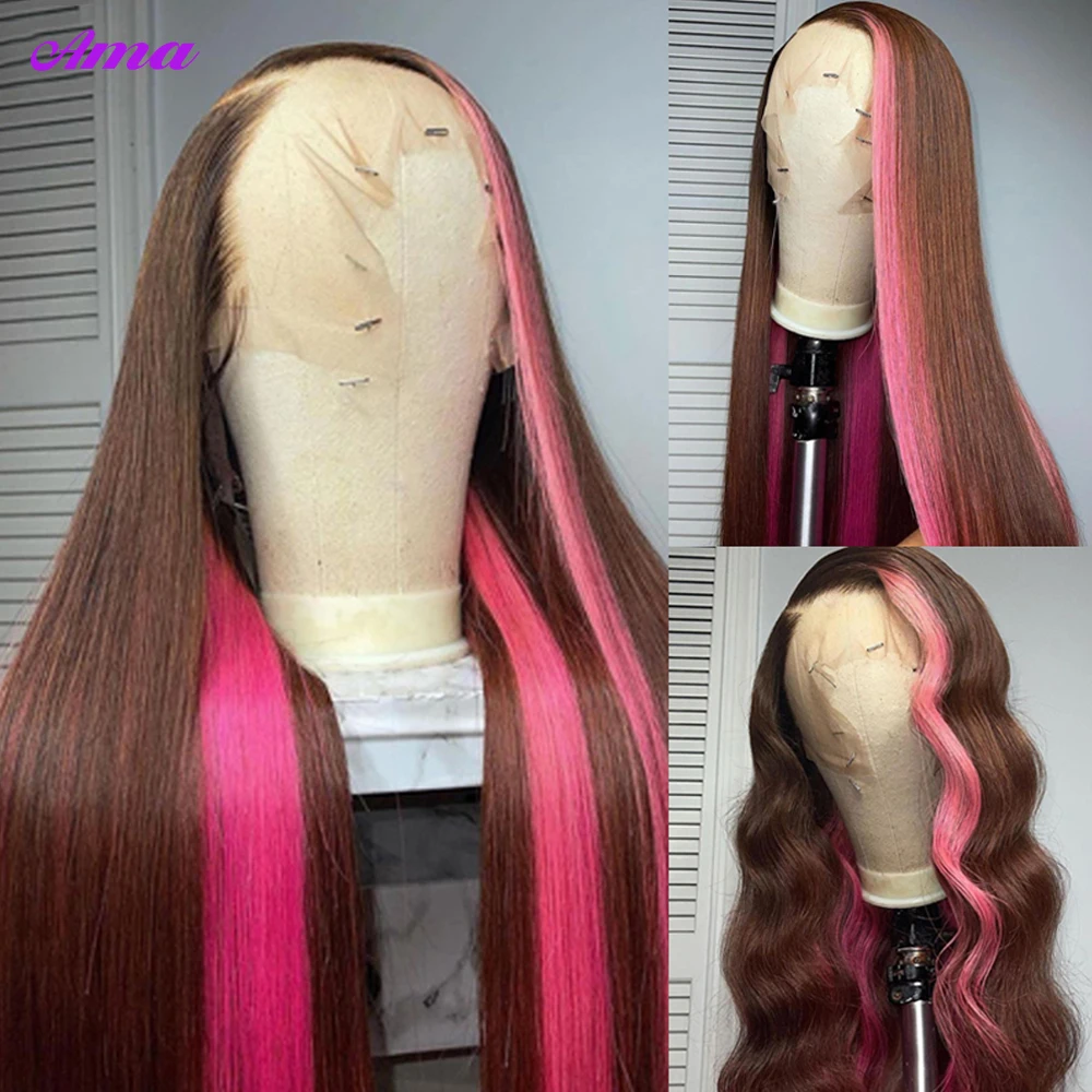 Brown Pink Colored Human Hair Wigs 30 inch  Stripe Lace Front  Wigs Straight  Lace Frontal Wig 250 Density Body Wave Wig