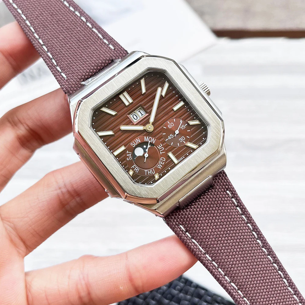 

2026LuxuryBrand Automatic Mechanical MenWatch Multi-functional 904L Stainless Steel Water Resistant Leather Calendar Lunar Phase