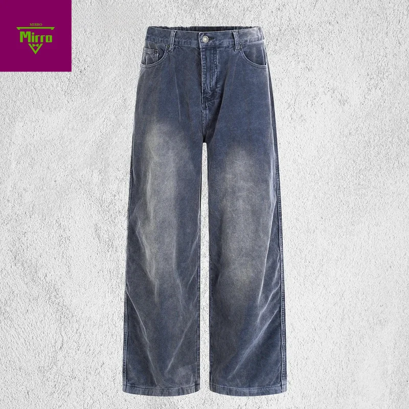 

【Mirrordust】Corduroy Casual Pants Mens Pocket Retro Autumn Winter Washed Distressed Elastic Waist Wide Leg Baggy Trousers Man