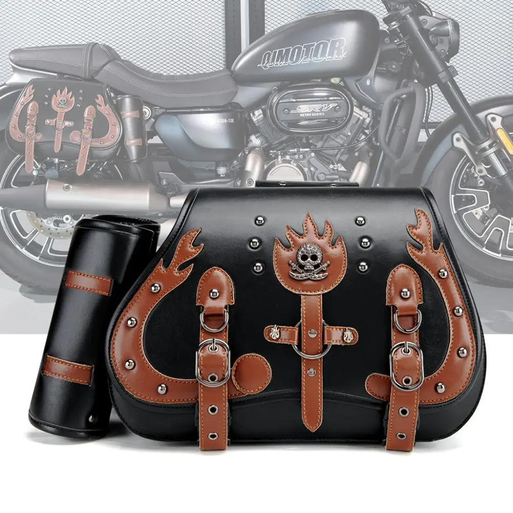 Motorcycle Device Punk Style Skull Logo Bags1 Pair Hanging Bags Unisex Steampunk  Pu Leather Bags Travel Rucksack