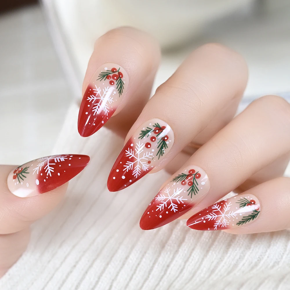 24 stuks Red Berry Holly Christmas Press On Nails Medium Amandel Franse nepnagels Witte Sneeuwvalken Dot Design Wearable Valse nagels