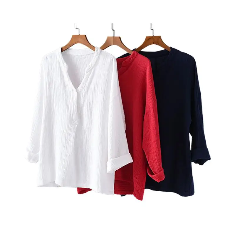 

2024 Spring white cotton linen tops blouses korean long sleeve black shirts oversized tops vintage tops