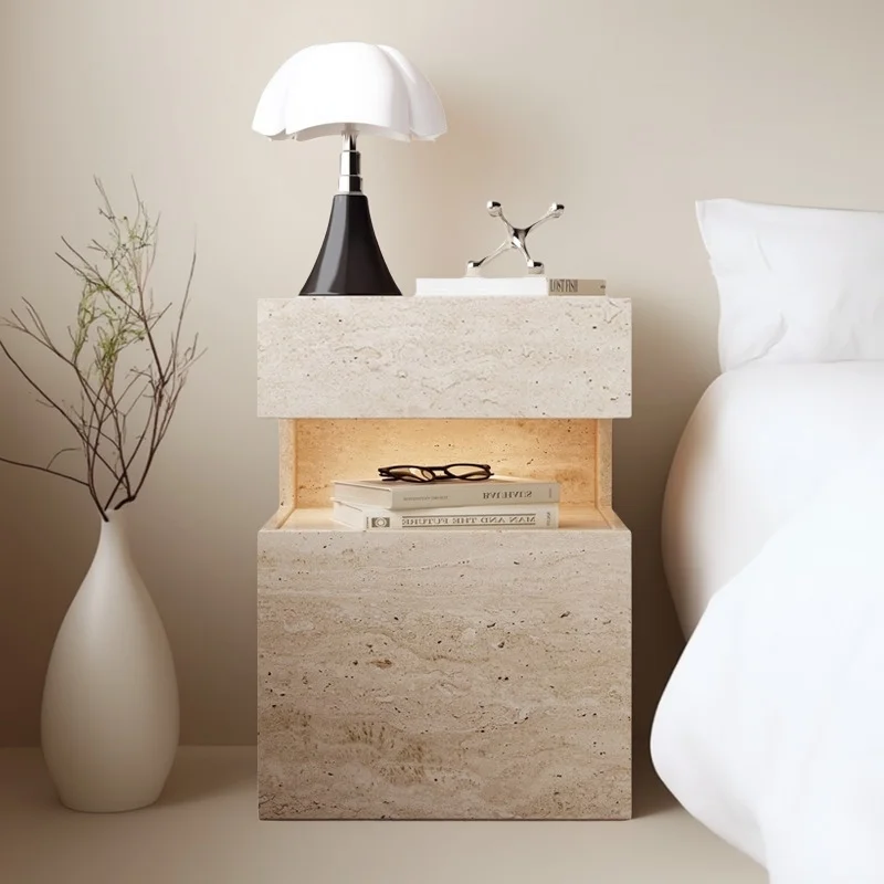 Bedside table Solid wood household bedroom Insurance locker Integrated suspended cave stone Italian minimalist with lamp