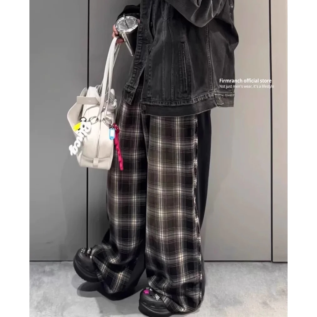 Firmranch Parisian Style New Plaid Front And Back Spliced Sweatpants For Men Women Casual Wide-leg Pants Baggy Sporty Trousers
