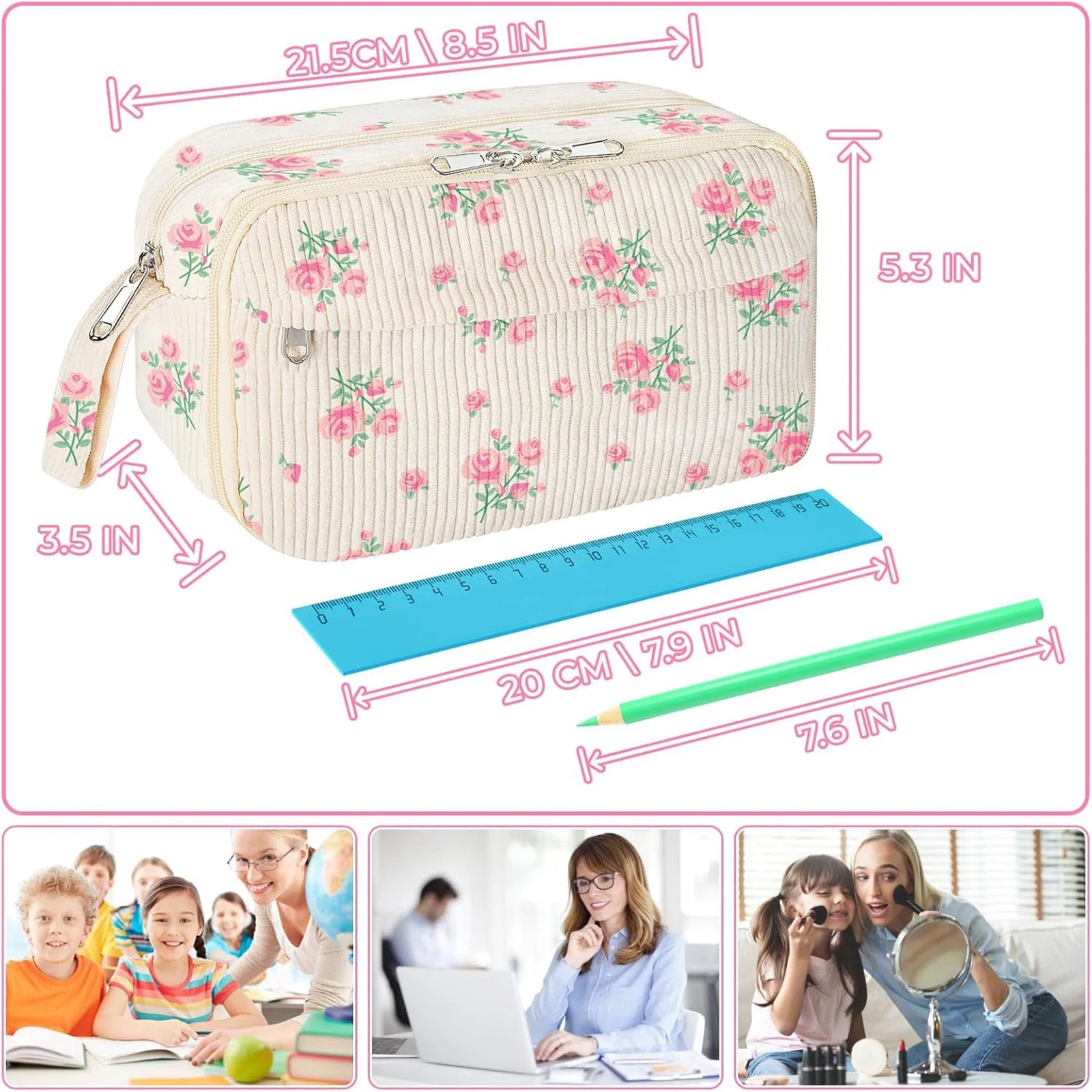 حقيبة أقلام رصاص بسحاب مع مقصورة بمقبض محمول وحقيبة تخزين قرطاسية أنيقة ذات سعة كبيرة للمنزل والمكتب والمدرسة