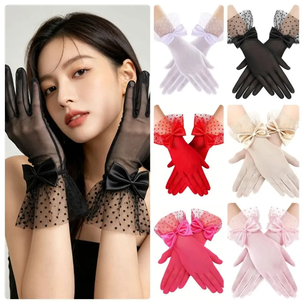 Elegant Bow Lace Gloves Lace Polka Dot Dinner Gloves Bridal Gloves Wedding