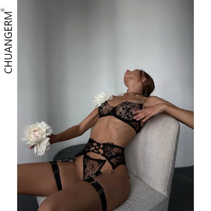 CHUANGERM Onlyfan Erotic Underwear Sensual Luxury Lingerie Lace Transparent Bra Exotic Sets Sexy Thong Woman Porn Fancy 4-Pieces