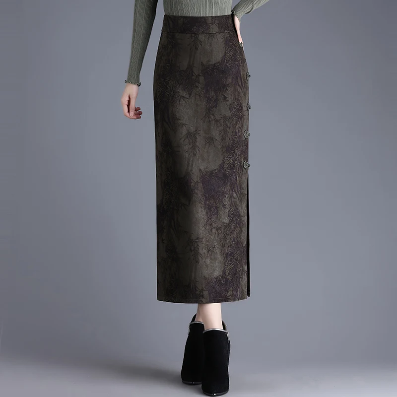 ZUZK Double Slit Qipao Skirt Women's Spring Autumn New Style Retro High Waisted Printed Bag Hip Skirt Mid-length One Step Skirt