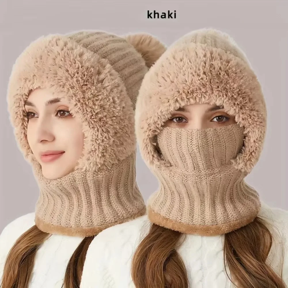 High Quality Winter Knitted Woolen Hat Velvet Fluffy Warmth Cover Hat Warm Windproof Balaclava Hat Women