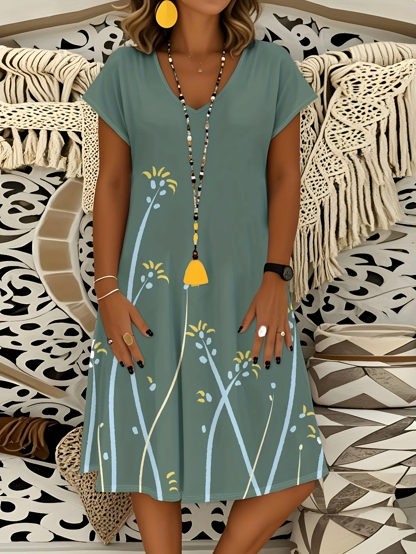 Damen Freizeitkleid mit V-Ausschnitt und Kurzen Ärmeln, Blumenmuster, Sommerliches A-Linien Midikleid, Gelbe Blumen auf Blauem Hintergrund, Trendiges Urlaubskleid