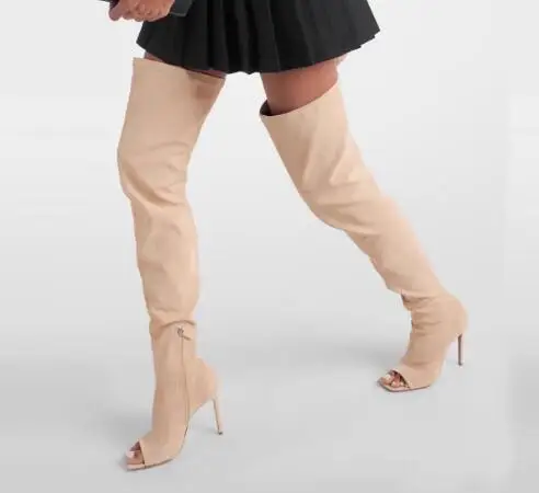 

Apricot Suede Solid Square Peep Toe Hidden Zipper Stiletto Heel Slim Over The Knee Boots Women Stretch Thigh Long Boots Shoes