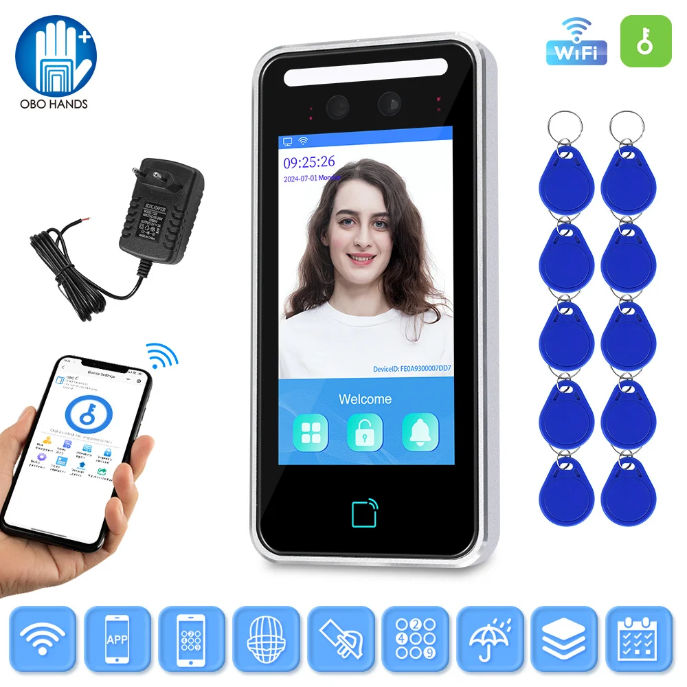 WiFi APP Dynamic Facial Recognition TCP/IP USB Time Attendance Device 5000 Face Metal RFID Access Control Touch Keypad Rainproof