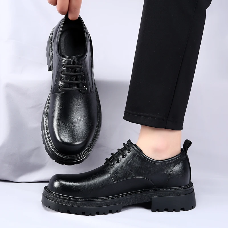 Trendy lace up thick soled men's leather shoes Social Office Versatile Sneakers Men Luxury Leisure  Party Wedding Men's Shoes