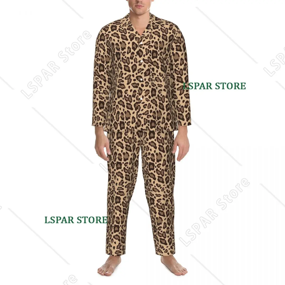 Boho Beige And Brown Leopard Print Pajama Sets Spring Fashion Daily Sleepwear Unisex 2 Piece Casual Oversized Design Nightwear