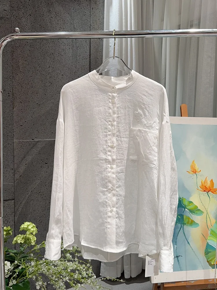 

Elegant Long Sleeve Women's Shirt Lace Back Hollow out Embroidery Pocket High Quality Casual Style Loose Fit Cotton