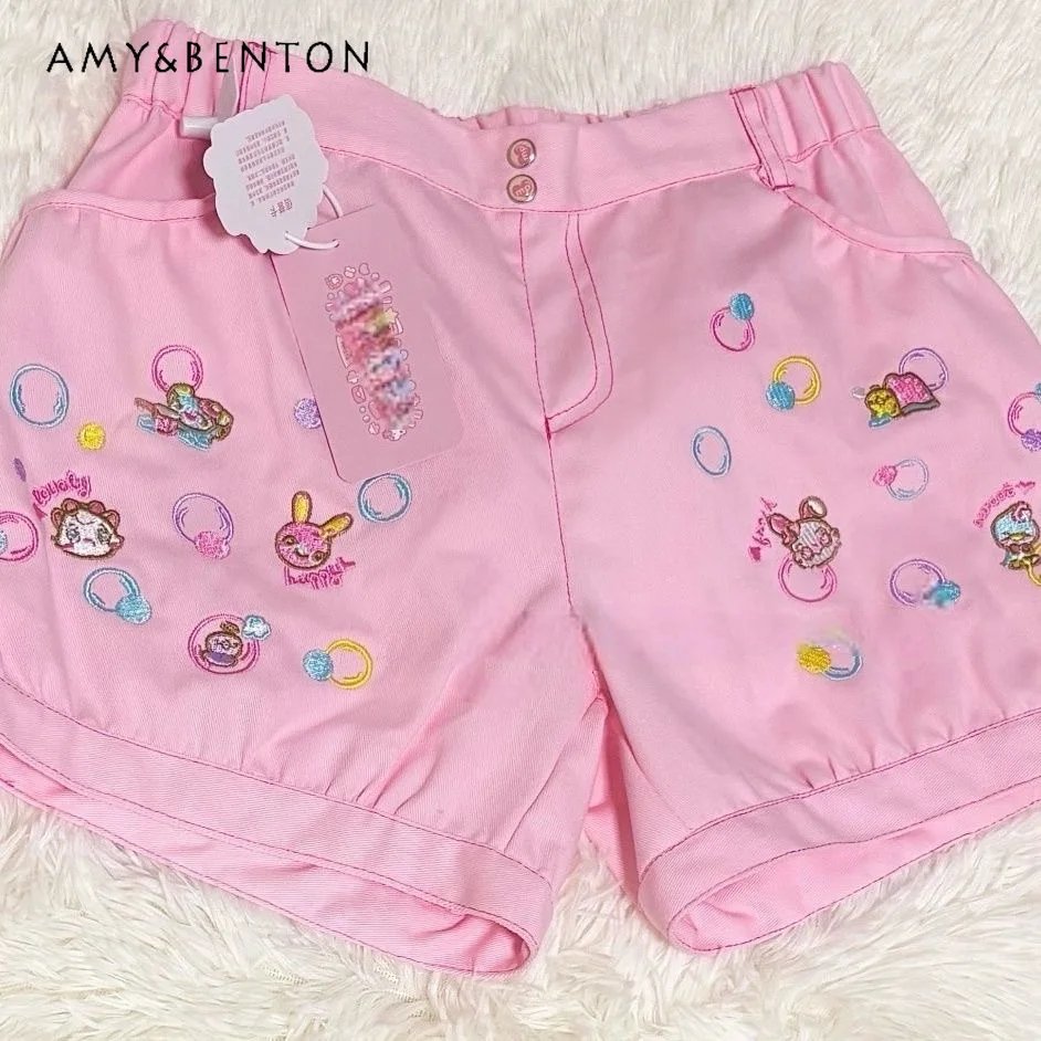 

Dopamine Japanese Cute Cartoon Embroidered Shorts Sweet Girl Heart Lace Elastic Waist Versatile Shorts Summer Kawaii Sexy Shorts