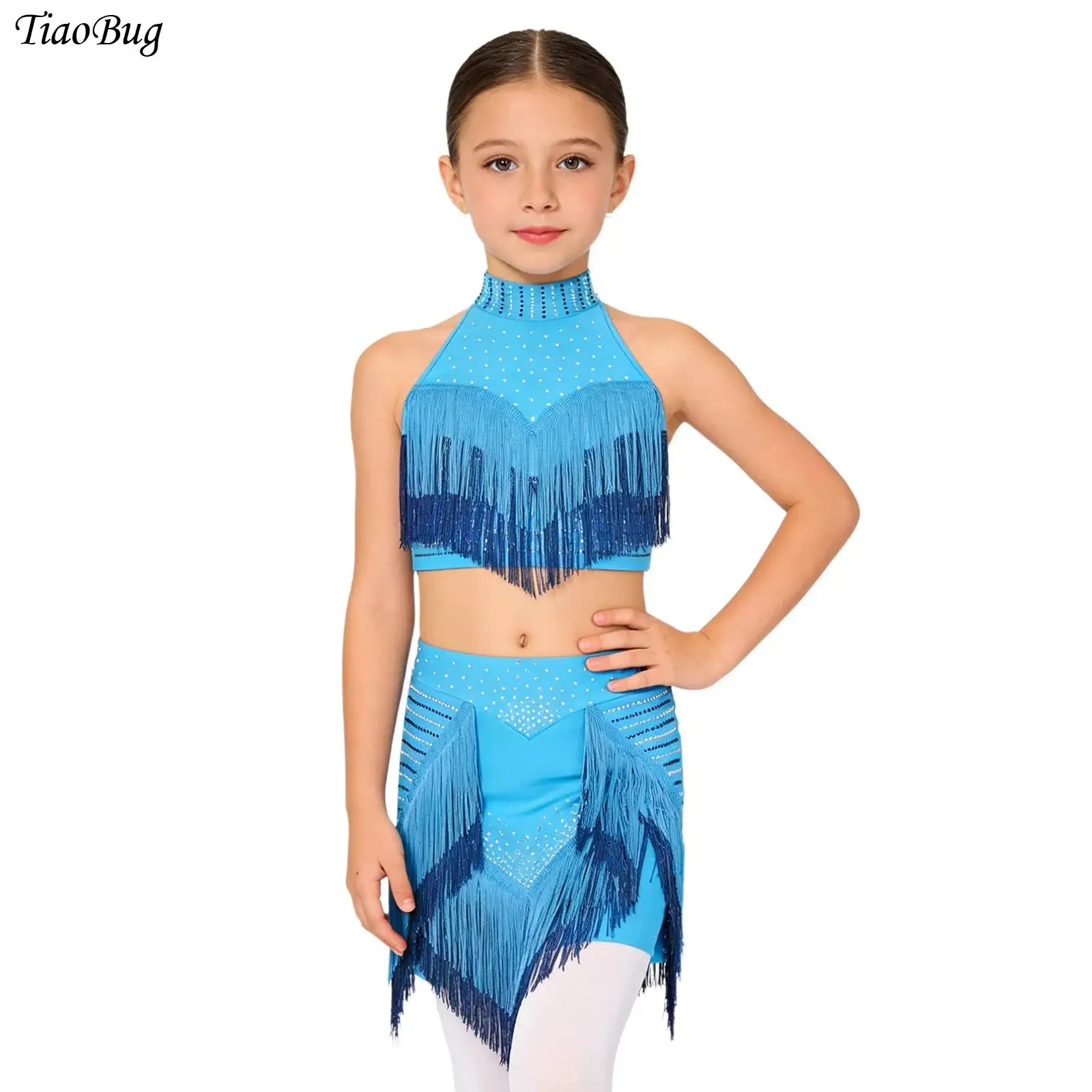 

Детский костюм для латиноамериканских танцев для девочек: топ-халтер без рукавов со стразами и шорты-юбка, костюм с бахромой для ча-ча, самбы, бальных танцев