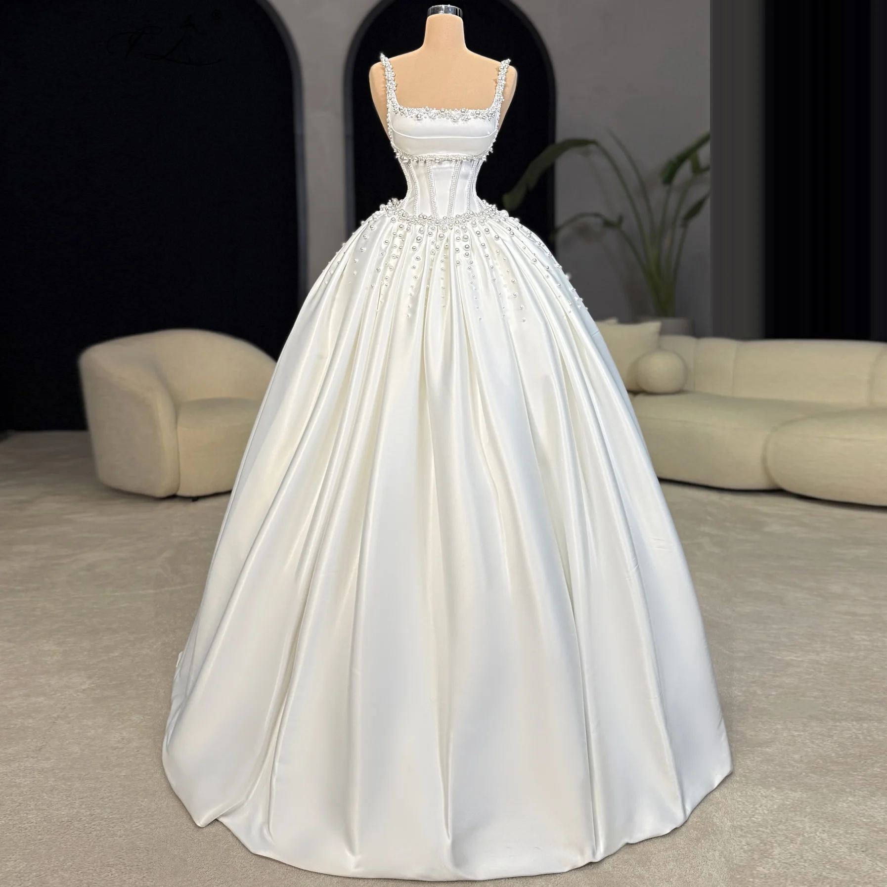 2026 Spaghetti Strap Satin Evening Gown Simple vintage Wedding Dress Pearl Prom Dress Long Ball Gown Customizable Wedding Dress