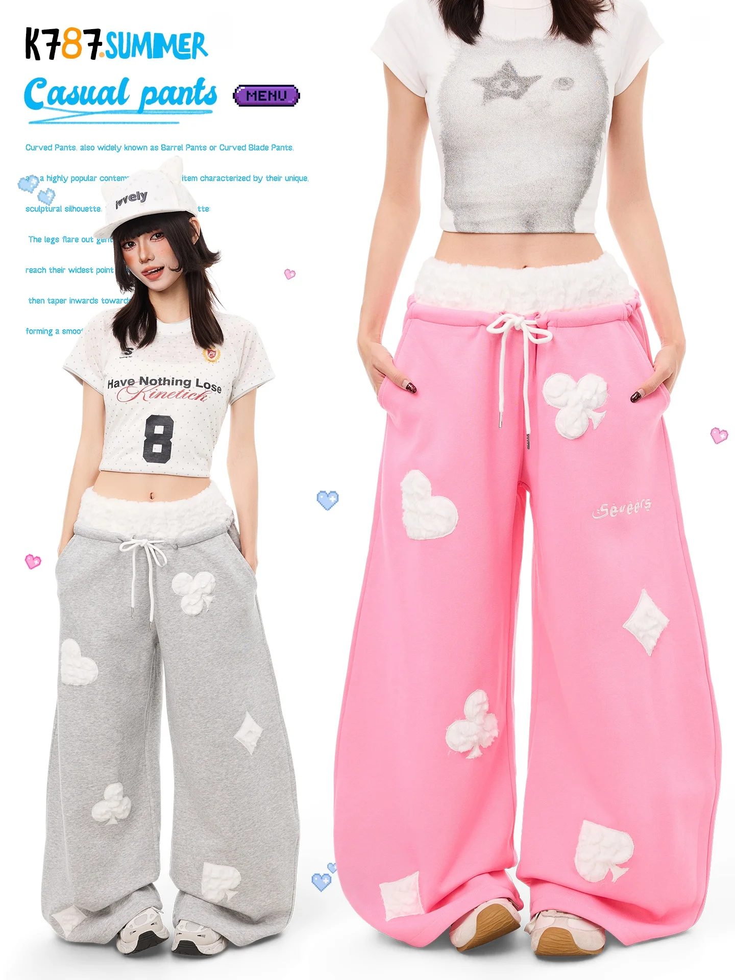 k787-american-retro-double-waist-head-patchwork-soft-casual-sweatpants-women's-poker-pattern-flocking-wide-leg-knife-pants