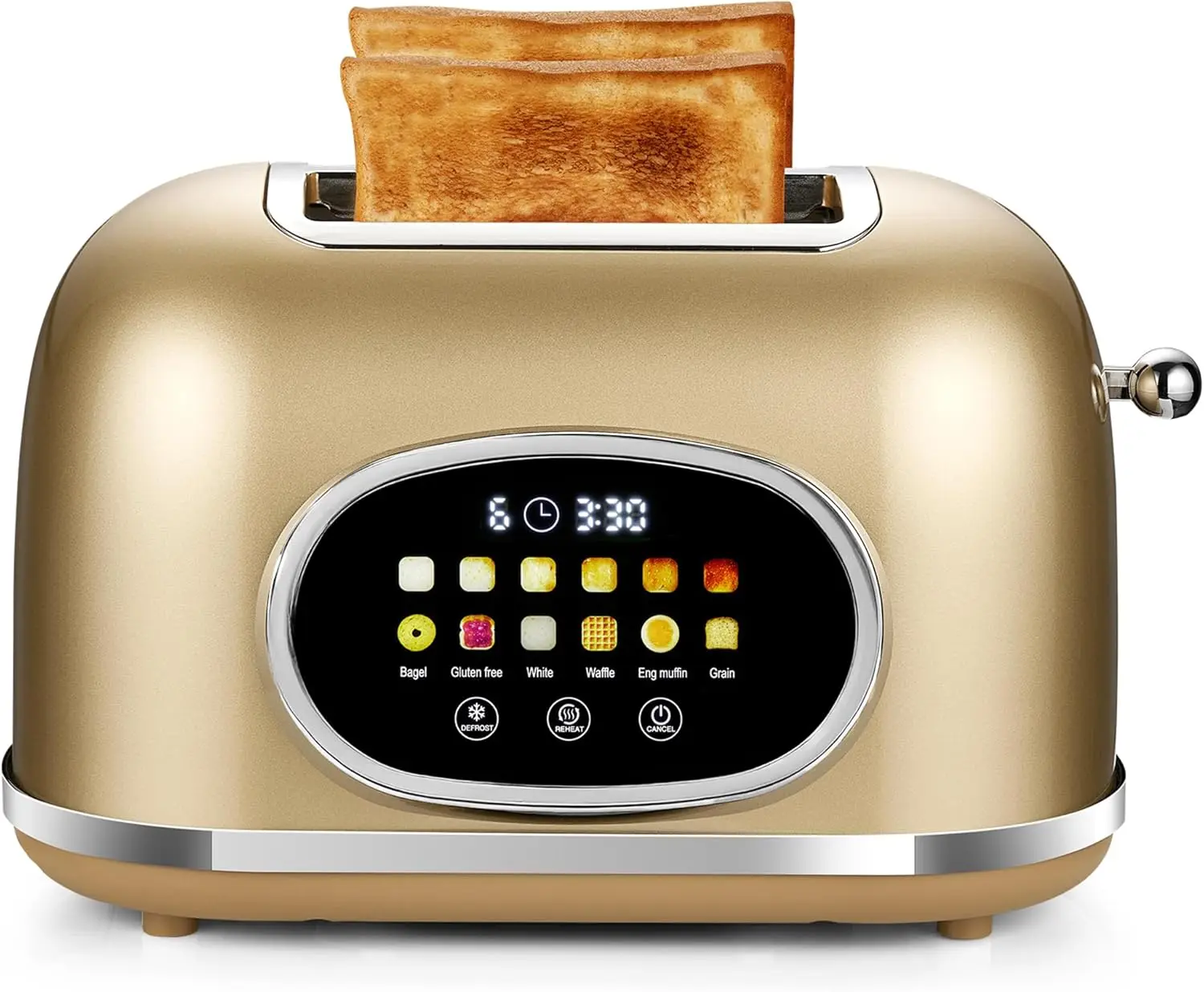 

Smart Touchscreen 2-Slice Toaster with Digital Timer, Defrost & Reheat Functions, 6 Bread Settings, Gold Stainless Steel