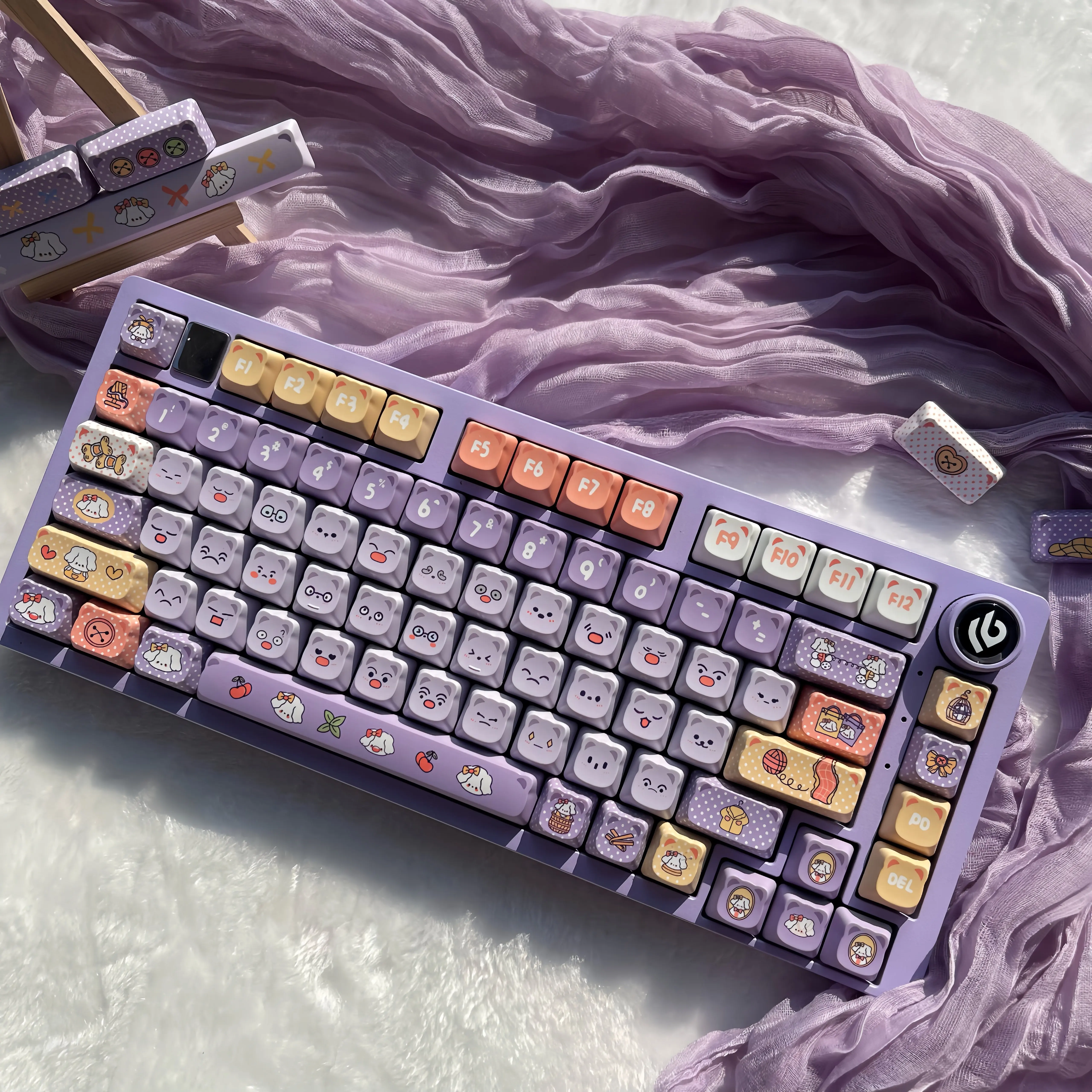 Tailor Dog Theme Keycaps Thermal Sublimation PBT Cherry Profile Keycaps 130 Keys Purple Custom Keycaps for Mechanical Keyboards