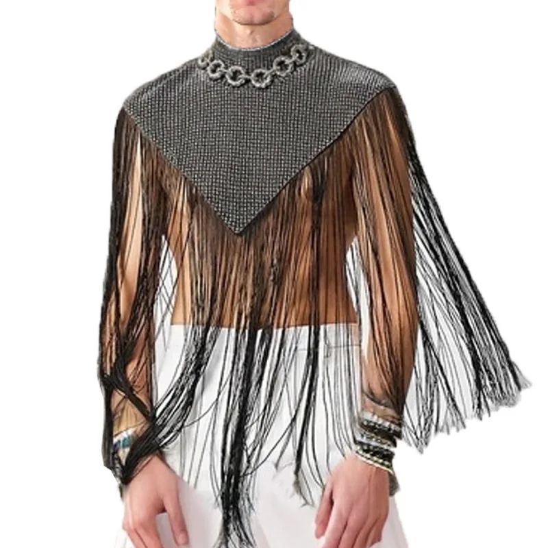 QICHE Men High Neck Tassel Sleeveless Cape Irregular Patchwork Tank Top Street Fashion Casual Outfit