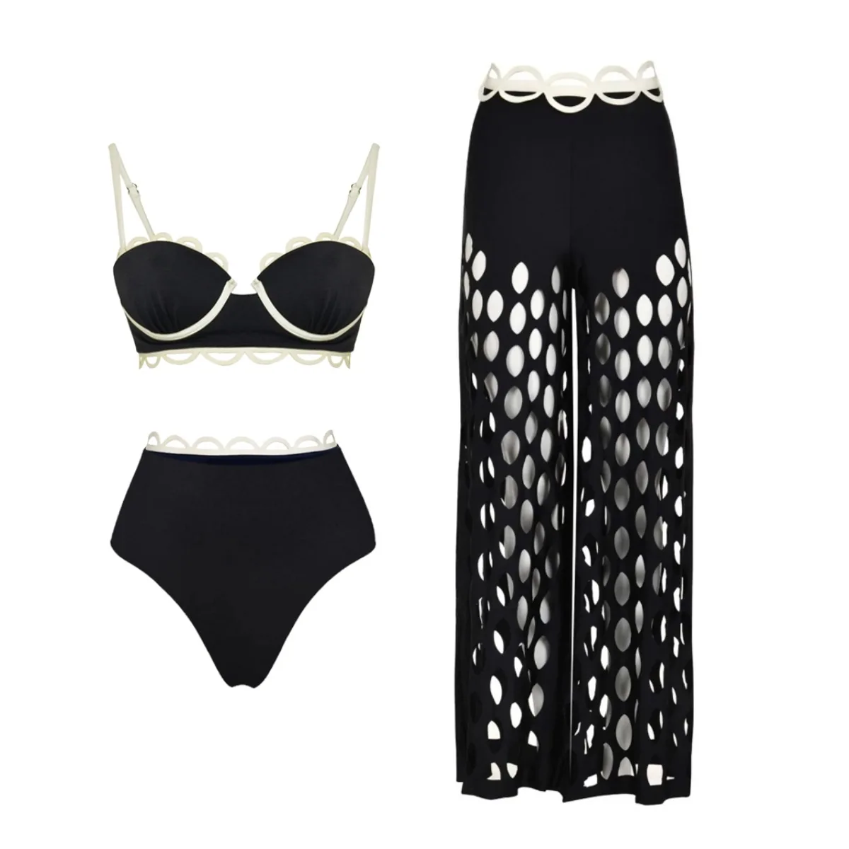 Women's High-End Black Bikini Niche Hollow Beach Pants Split Swimsuit Design Fashionable Beachwear Style