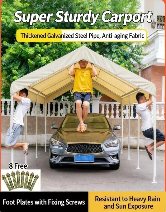 Stainless Steel Frame Outdoor Carport-Waterproof UV Coated PEAK Roof Portable Durable Easy Assembly Includes Window Tent 2-Car